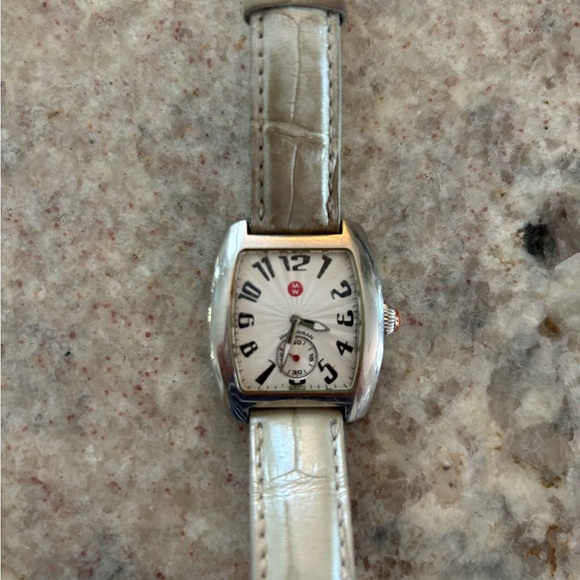 Michele Sport Watch with silver leather band and extra salmon pink band.